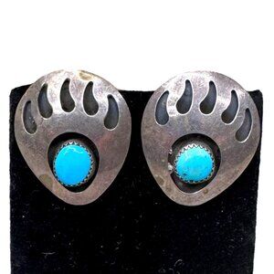 Vintage Sterling Silver Native American Bear Paw Clip-On Earrings Turquoise